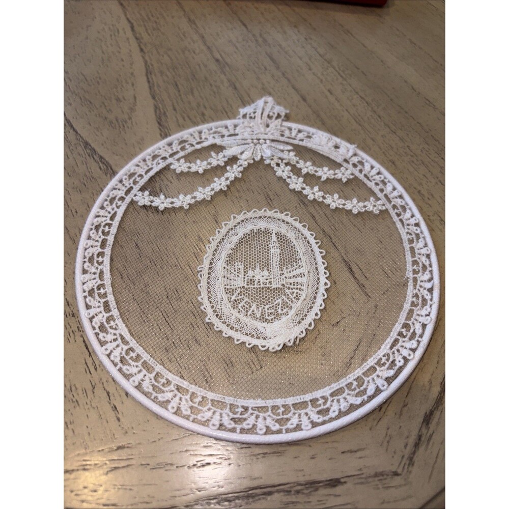 Vintage, Lace Window/Wall Hanging Round of St. Mark’s Square in Venice, Italy 6”